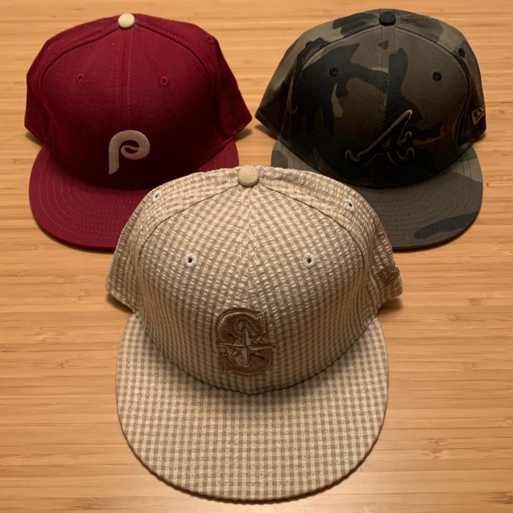 (3) New Era 59FIFTY Fitted Baseball Hat Cap Mariners Phillies Braves 7 1/2